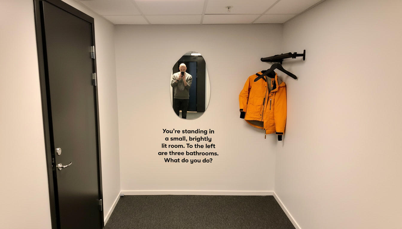 You're standing in a small, brightly lit room. To the left are three bathrooms. What do you do? You're standing in a small, brightly lit room. To the left are three bathrooms. What do you do?