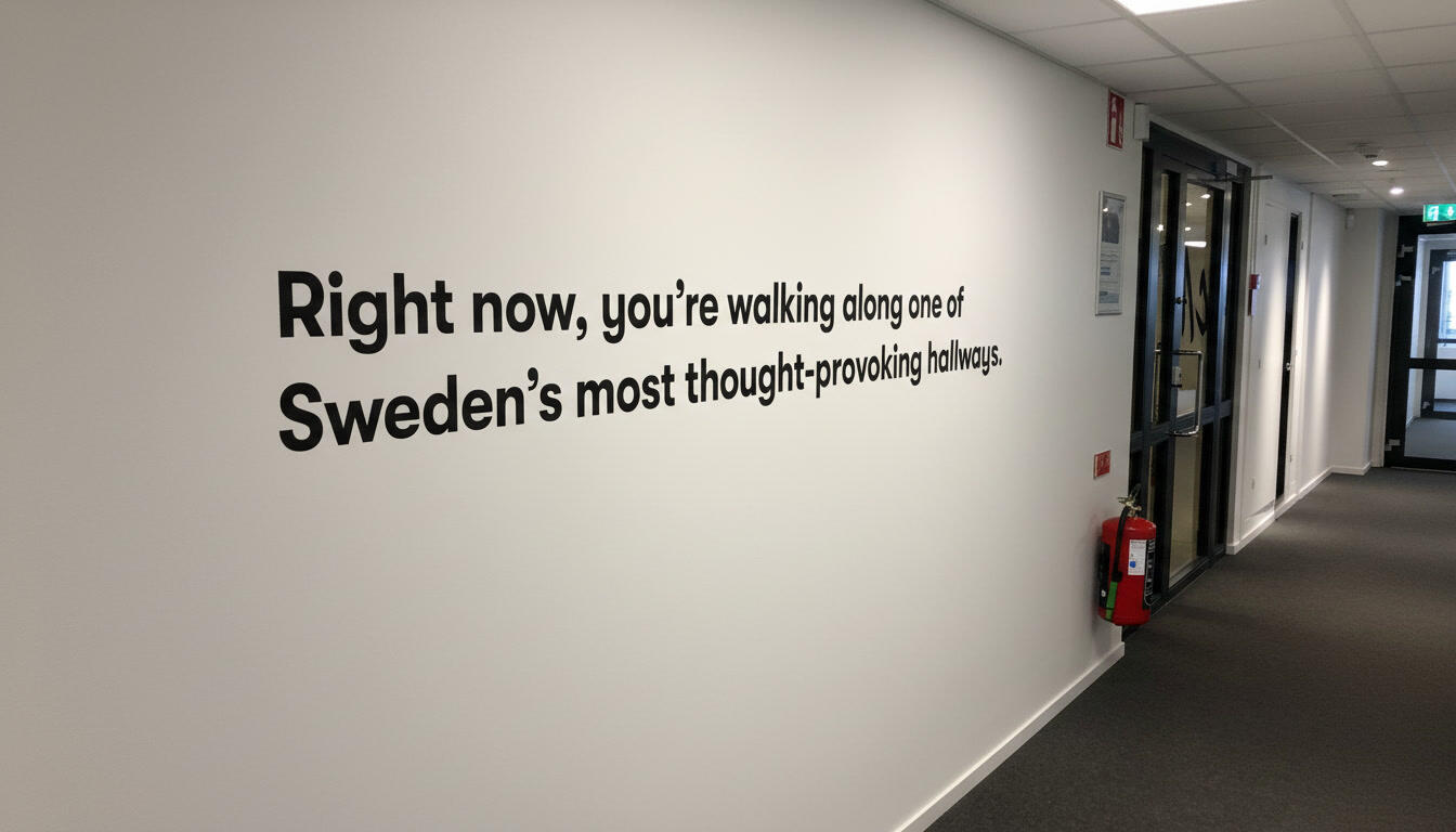 Right now, you're walking along one of Sweden's most thought-provoking hallways. Text on a wall saying: Right now, you're walking along one of Sweden's most thought-provoking hallways.